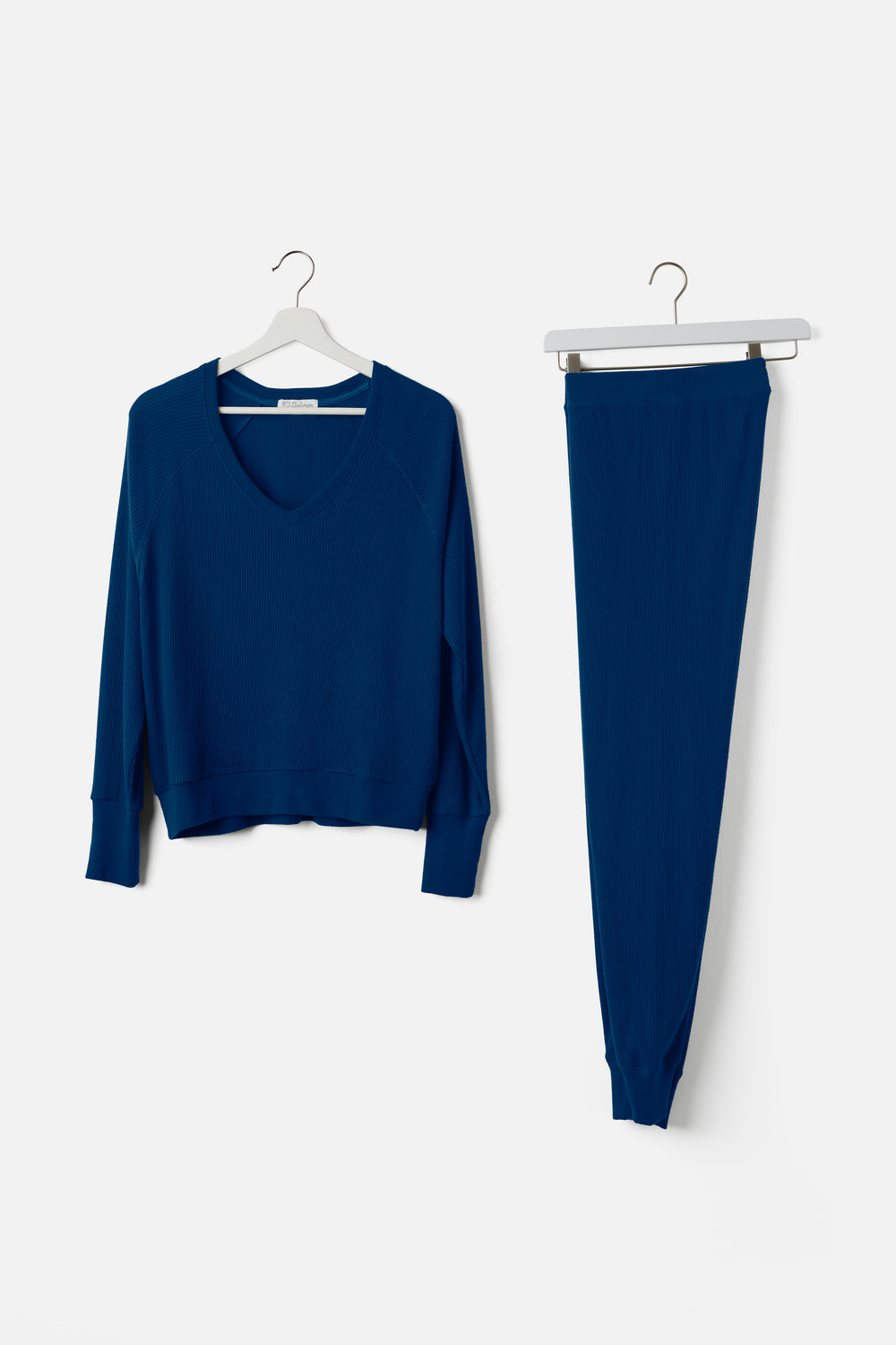 navy jammie set in 2x2 peachy rib with a slim fit jammie pant & V-neck long sleeve top.