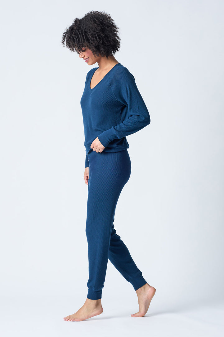 navy jammie set in 2x2 peachy rib with a slim fit jammie pant & V-neck long sleeve top.