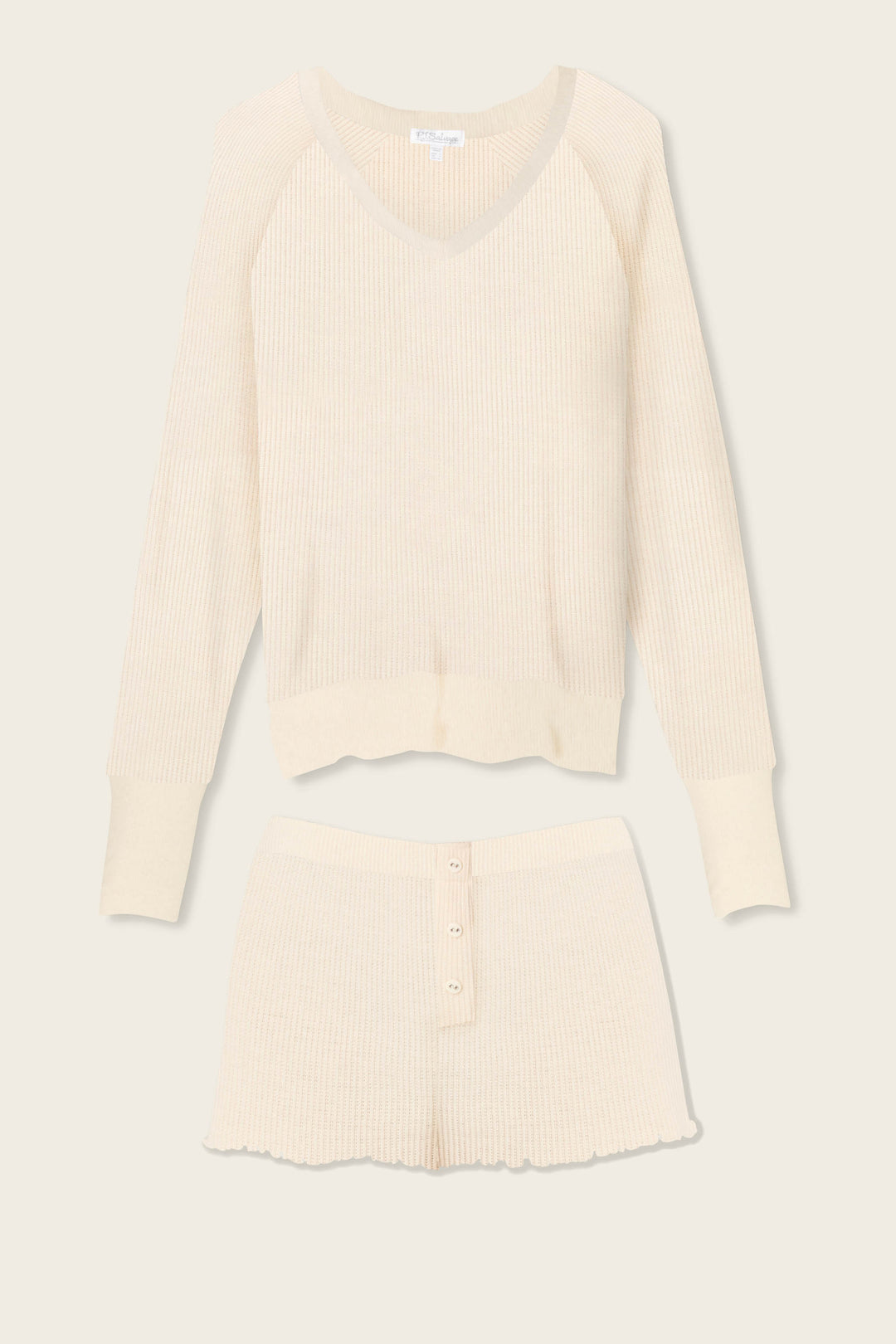 The P.J. Salvage Textured Essentials Stone Short Lounge Set features a cream ribbed knit V-neck long-sleeve top and button-front shorts, displayed flat on a light background.
