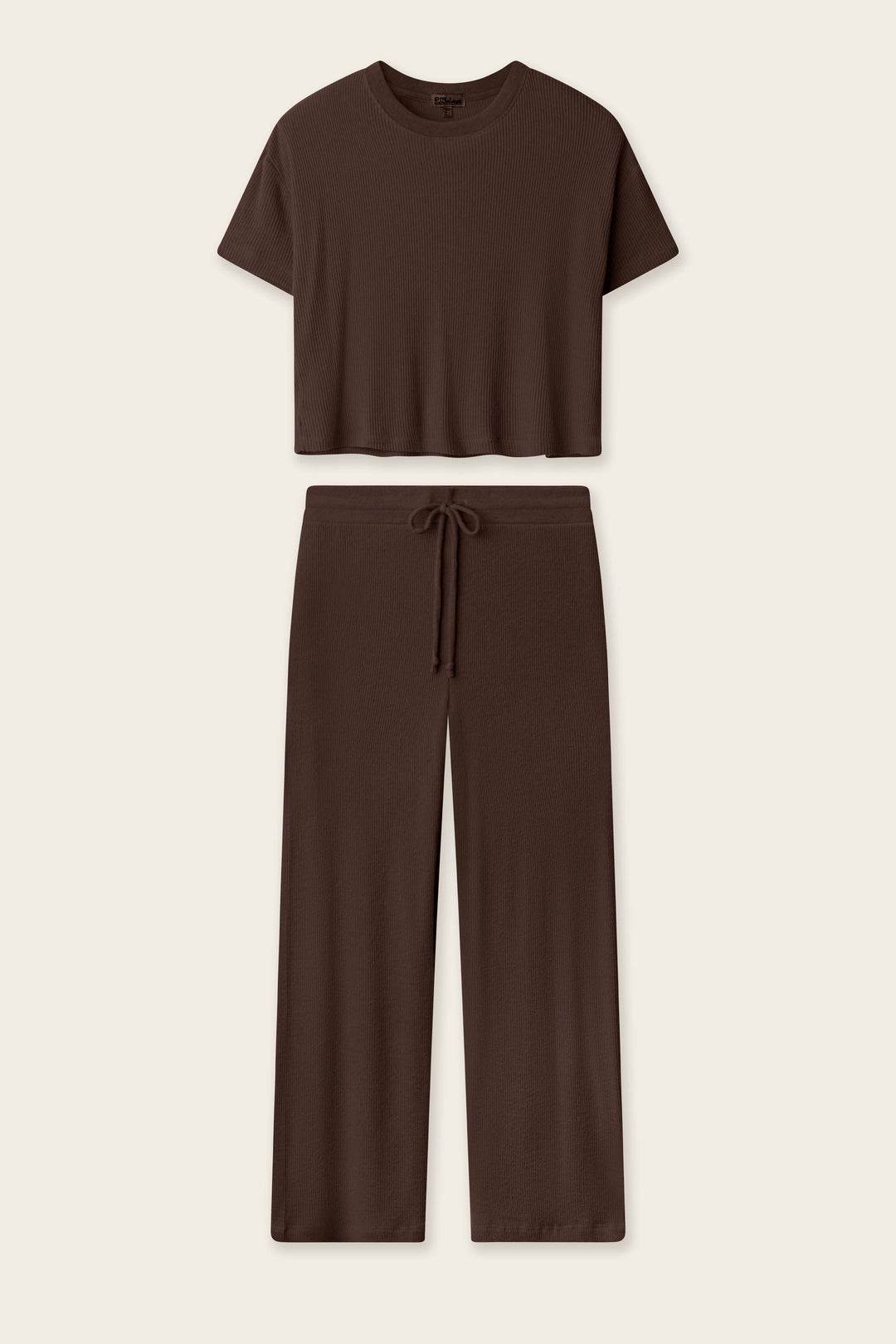 The Textured Essentials Chocolate Brown Lounge Set by P.J. Salvage is displayed on a beige background, featuring a short-sleeve, cropped top paired with high-waisted, wide-leg pants with a drawstring waist.