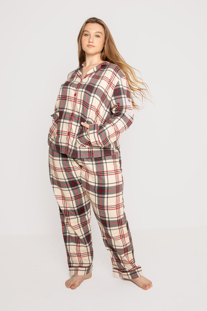 Women's cotton flannel pajama set in tan-red-grey plaid. Button top & tie-waist pj pant, relaxed fit. (7257679233124)