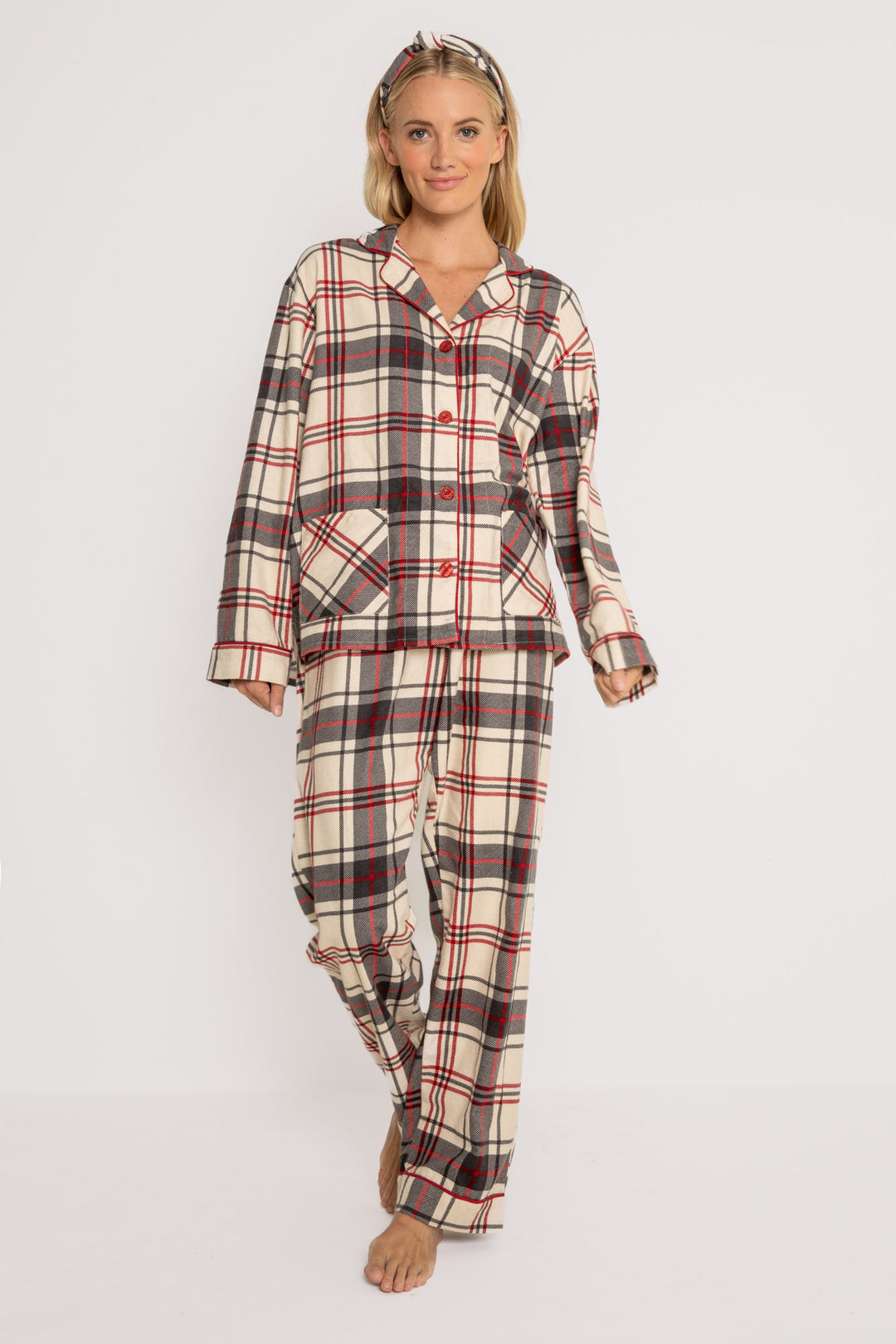 Women's cotton flannel pajama set in tan-red-grey plaid. Button top & tie-waist pj pant, relaxed fit. (7257679233124)