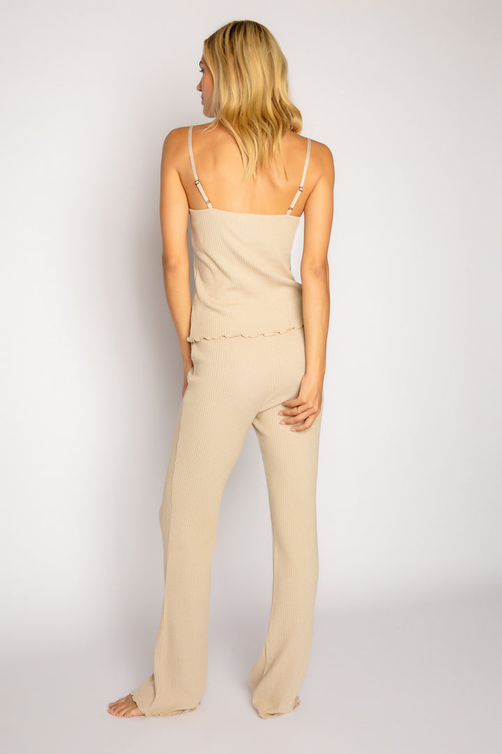 Tan rib sleep set camisole top & high-waisted pant. Made in Repreve x Reloved recycled soft knit.  (7325665853540)