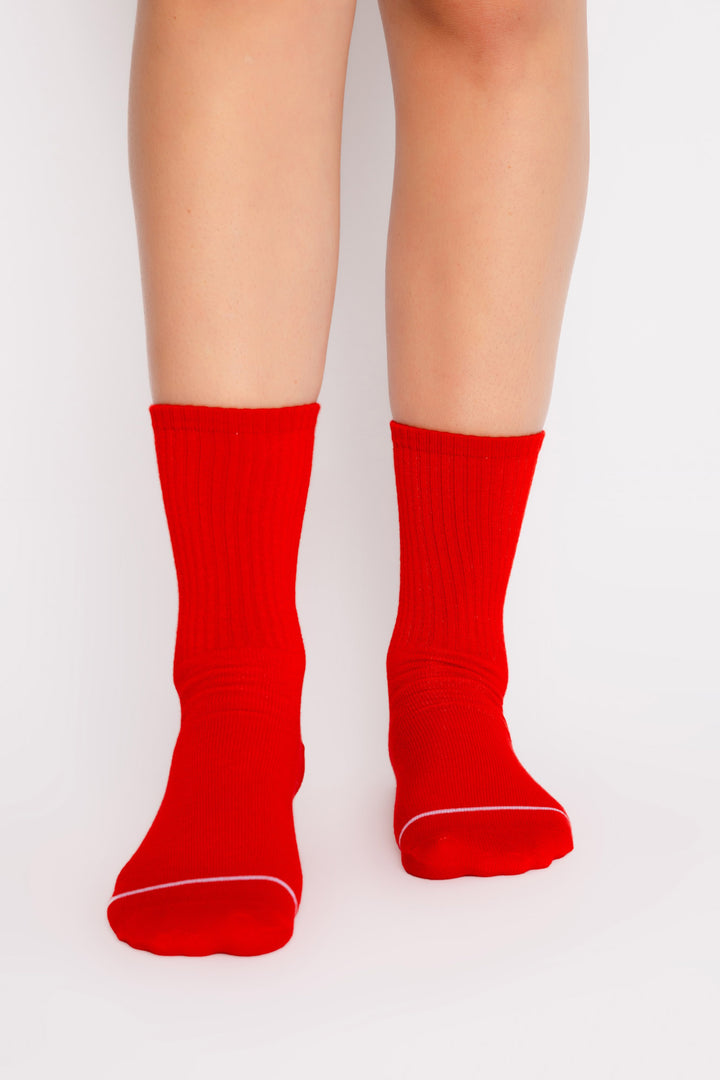 Red ribbed cozy socks LOVE YOU MORE printed on back of socks. Gripper print on soles for non-skid. (7325666213988)