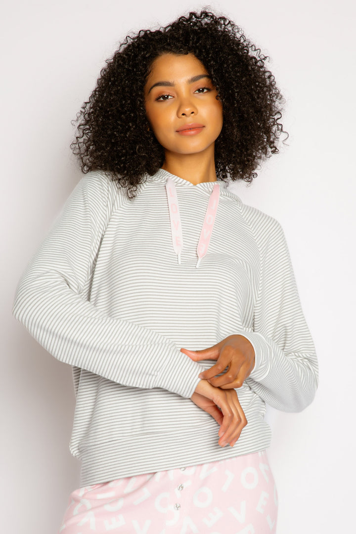 Mini grey-white striped pullover hoodie. Wide white drawcords with pink LOVE letters print.  (7325666476132)