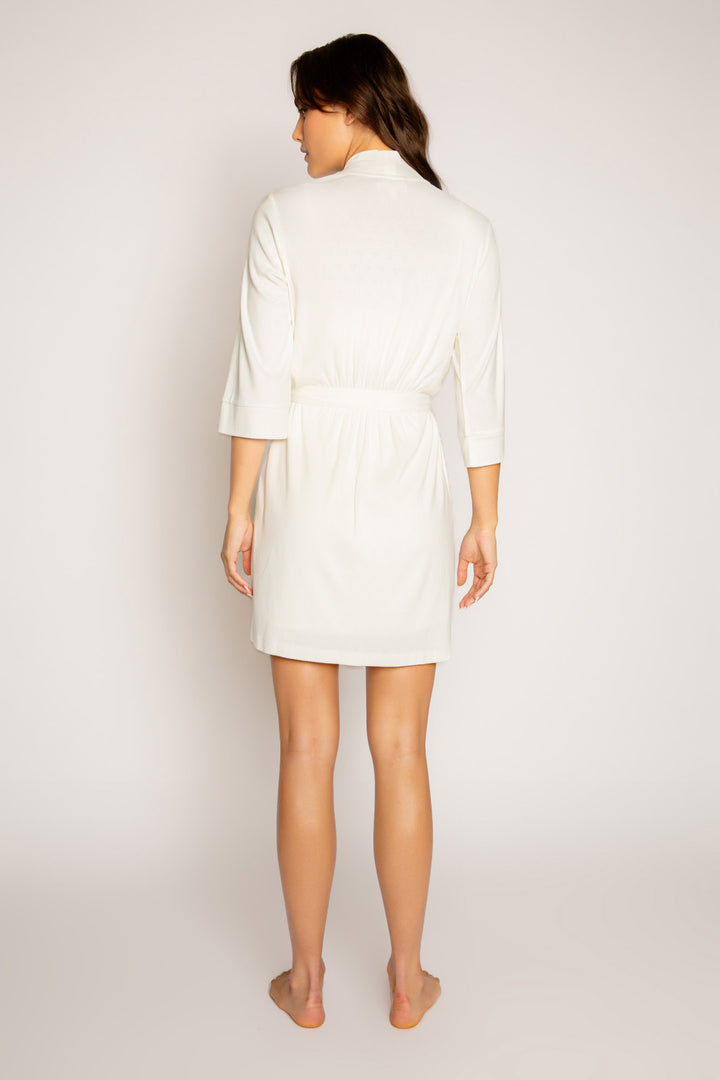 Ivory robe in brushed pointelle knit with self belt & 3/4 sleeve. (7325668048996)