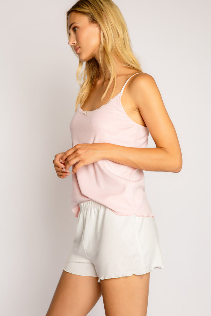Ivory sleep short in soft pointelle knit with mini faux snap fly & rosette trim at waistband. (7325668114532)