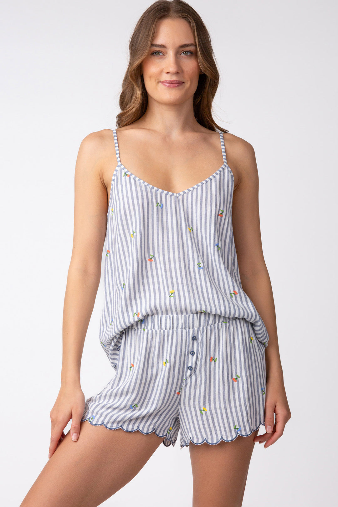 Sleep set cami top + short in yarn-dye striped woven with mini embroidered flowers.