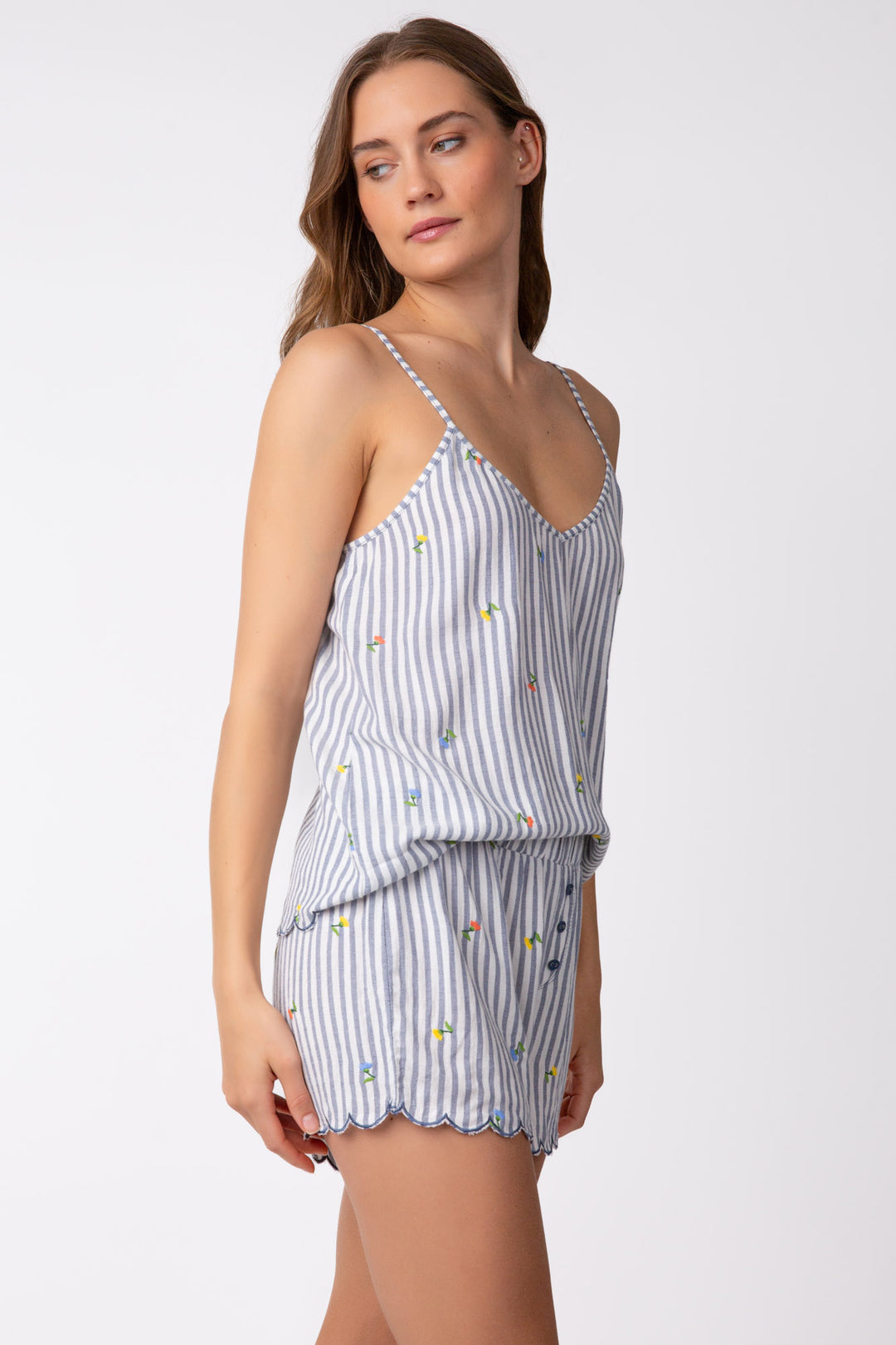 Sleep set cami top + short in yarn-dye striped woven with mini embroidered flowers.