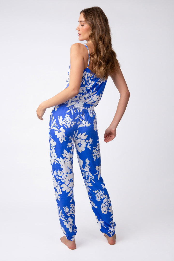 Sleep set in royal blue -white floral. With camisole top & b&ed pant in soft woven sateen.