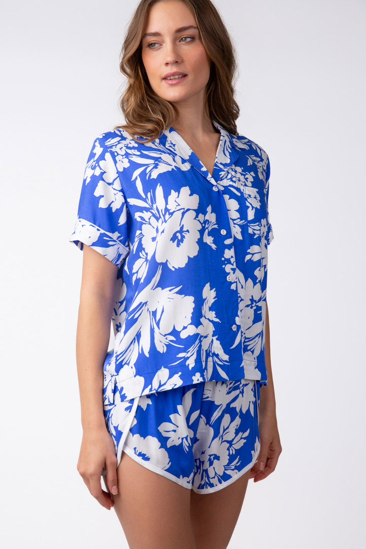 Pajama short set in royal blue -white floral. With button-top & curve-hem pj short in soft woven sateen.