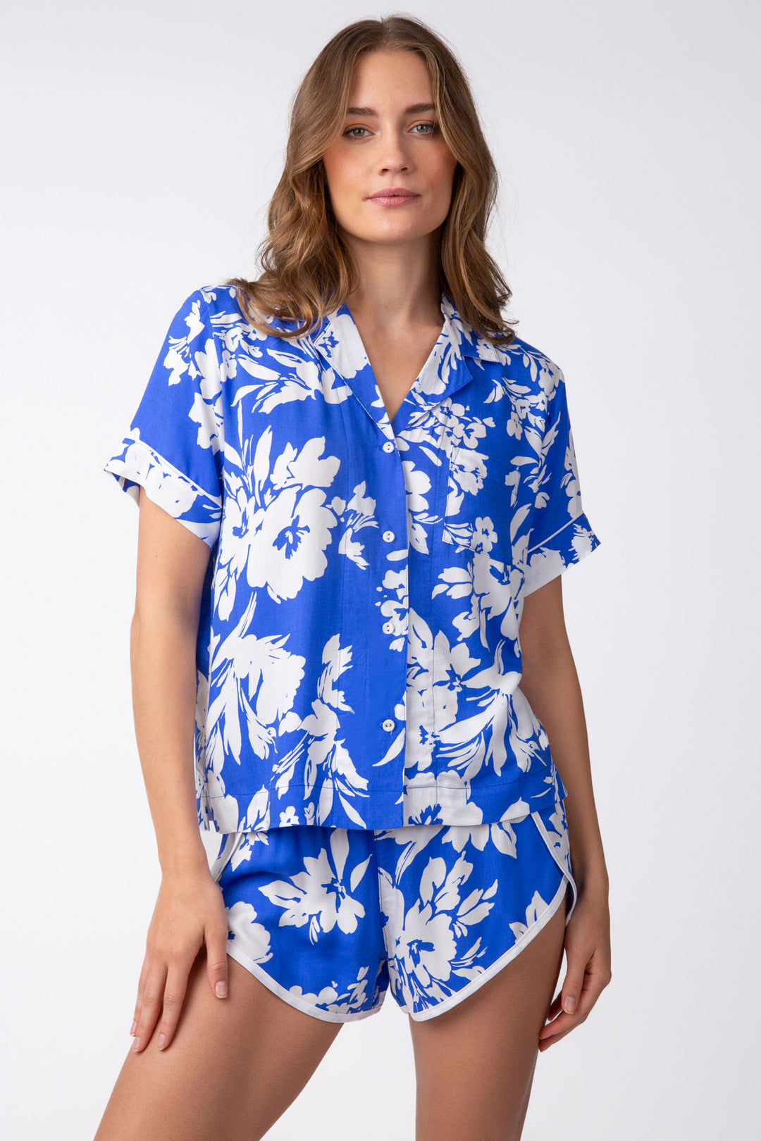 Pajama short set in royal blue -white floral. With button-top & curve-hem pj short in soft woven sateen.