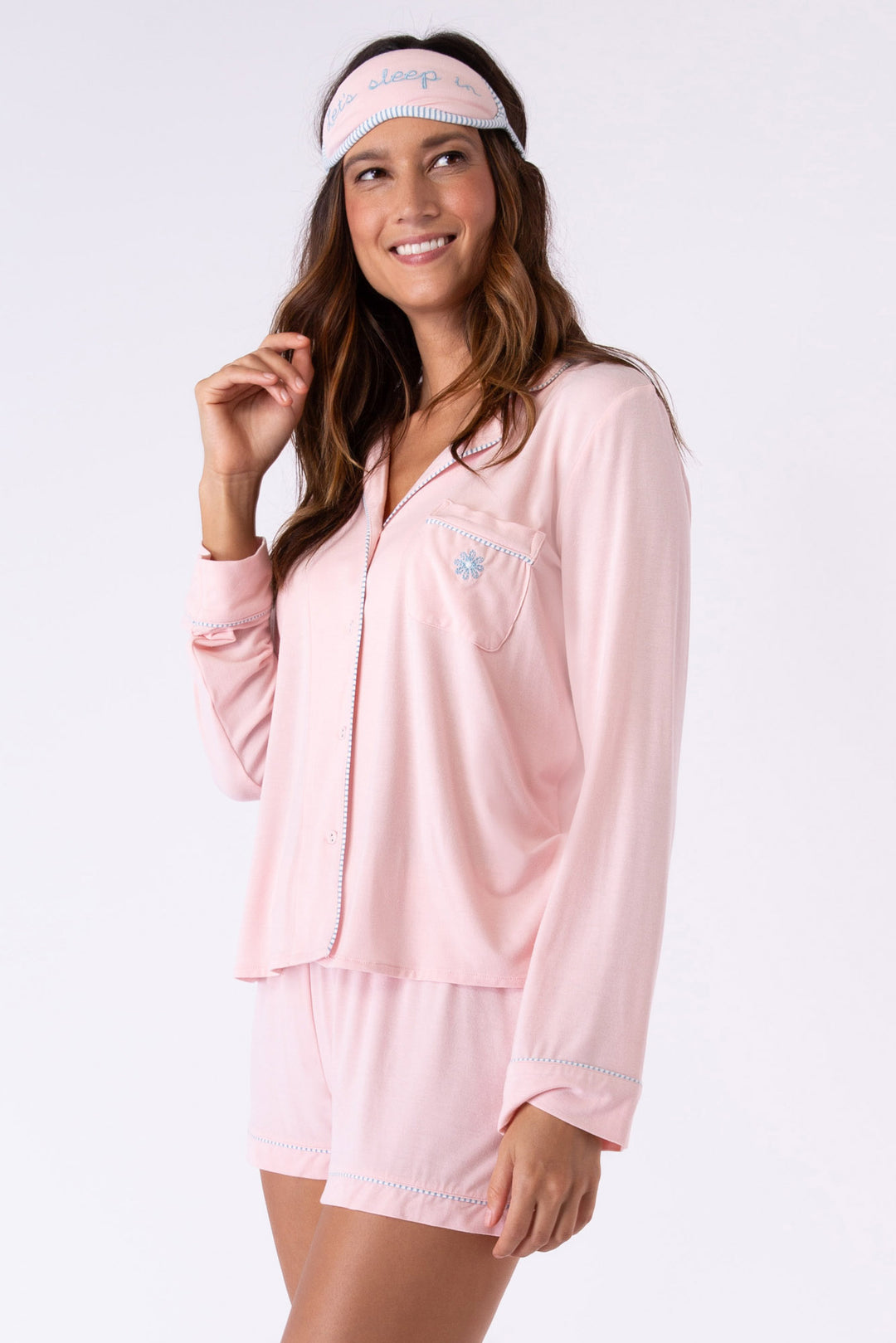 Pink PJ set long sleeve button top & short with striped piping. With embroidered sleep mask "Let's Sleep in".