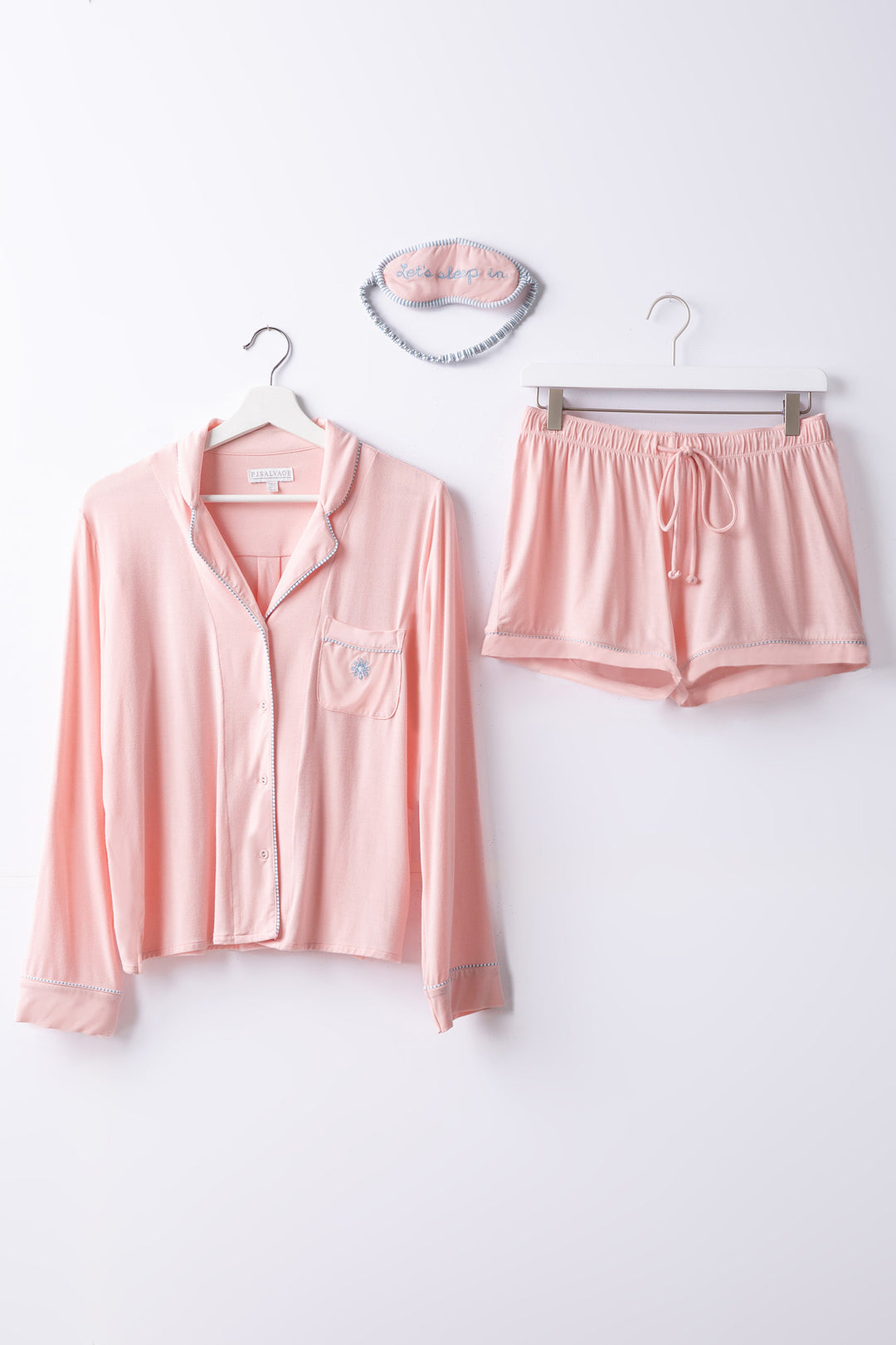 Pink PJ set long sleeve button top & short with striped piping. With embroidered sleep mask "Let's Sleep in".