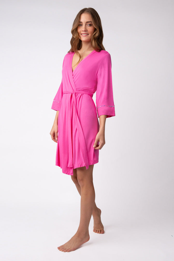 Rose pink modal robe with mini floral piping. Exclusive collab design x Ramy Brook.