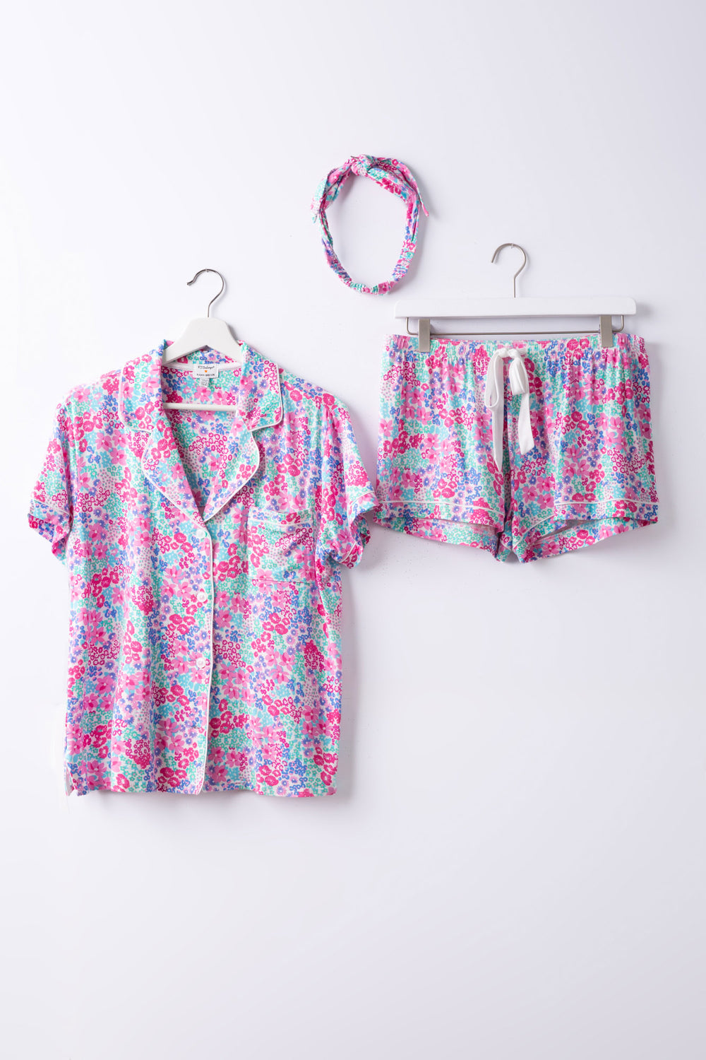 Mini floral print modal pajama short set with matching hair wrap. Exclusive collab design x Ramy Brook.