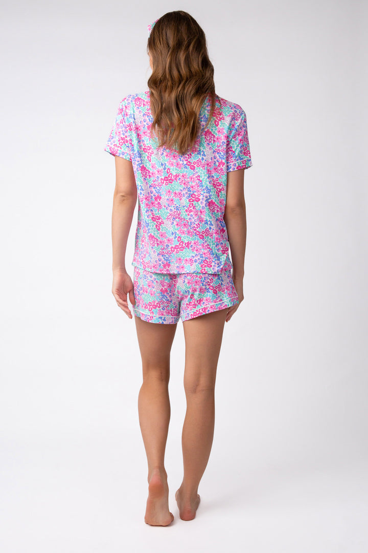 Mini floral print modal pajama short set with matching hair wrap. Exclusive collab design x Ramy Brook.
