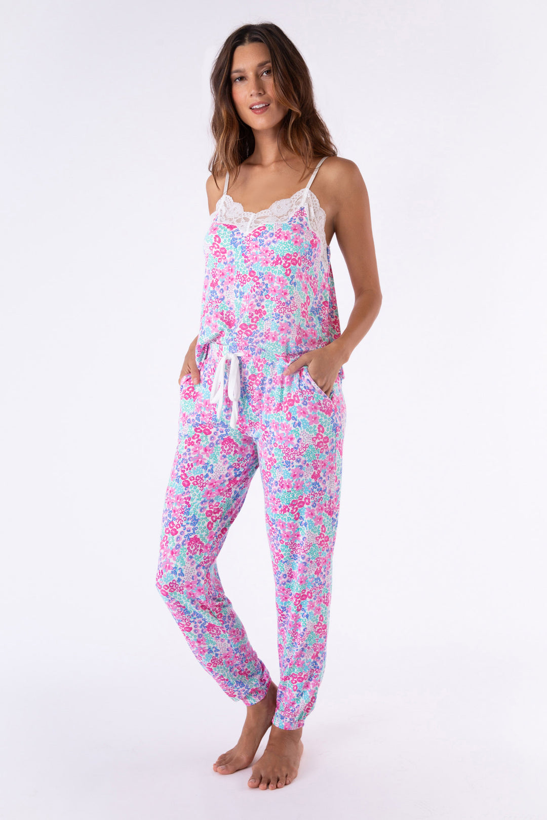 Mini floral print modal cami + jogger sleep set with ivory lace neckline. Exclusive collab design x Ramy Brook.