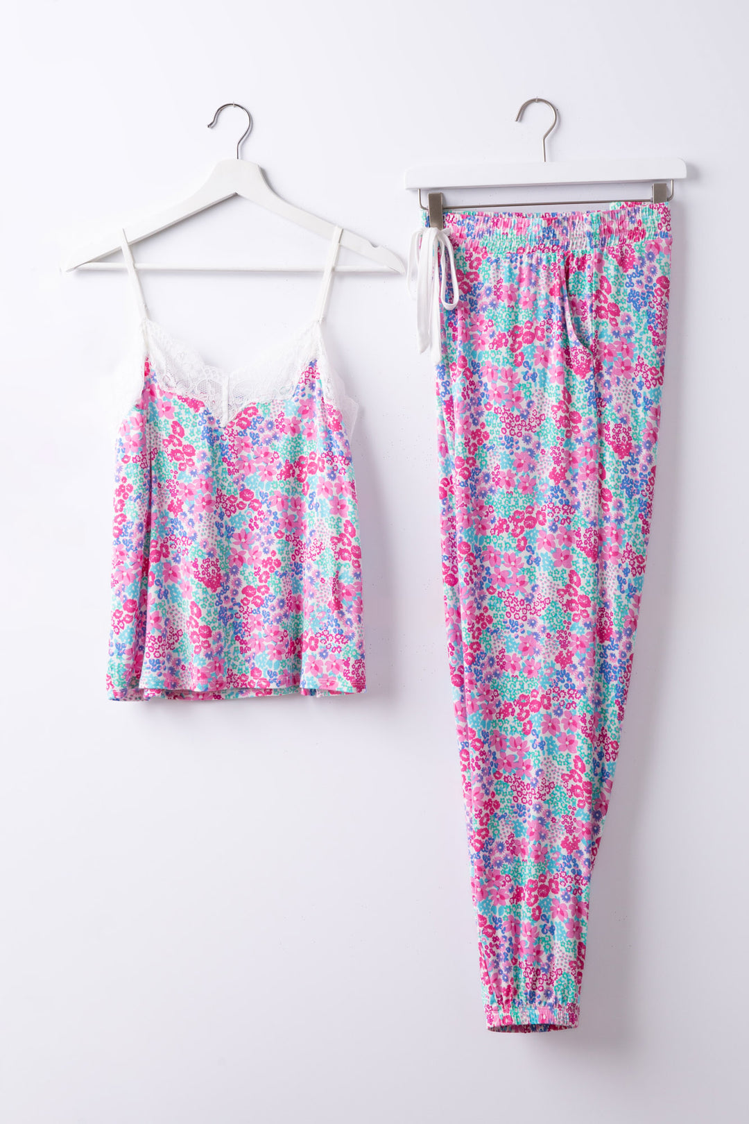 Mini floral print modal cami + jogger sleep set with ivory lace neckline. Exclusive collab design x Ramy Brook.