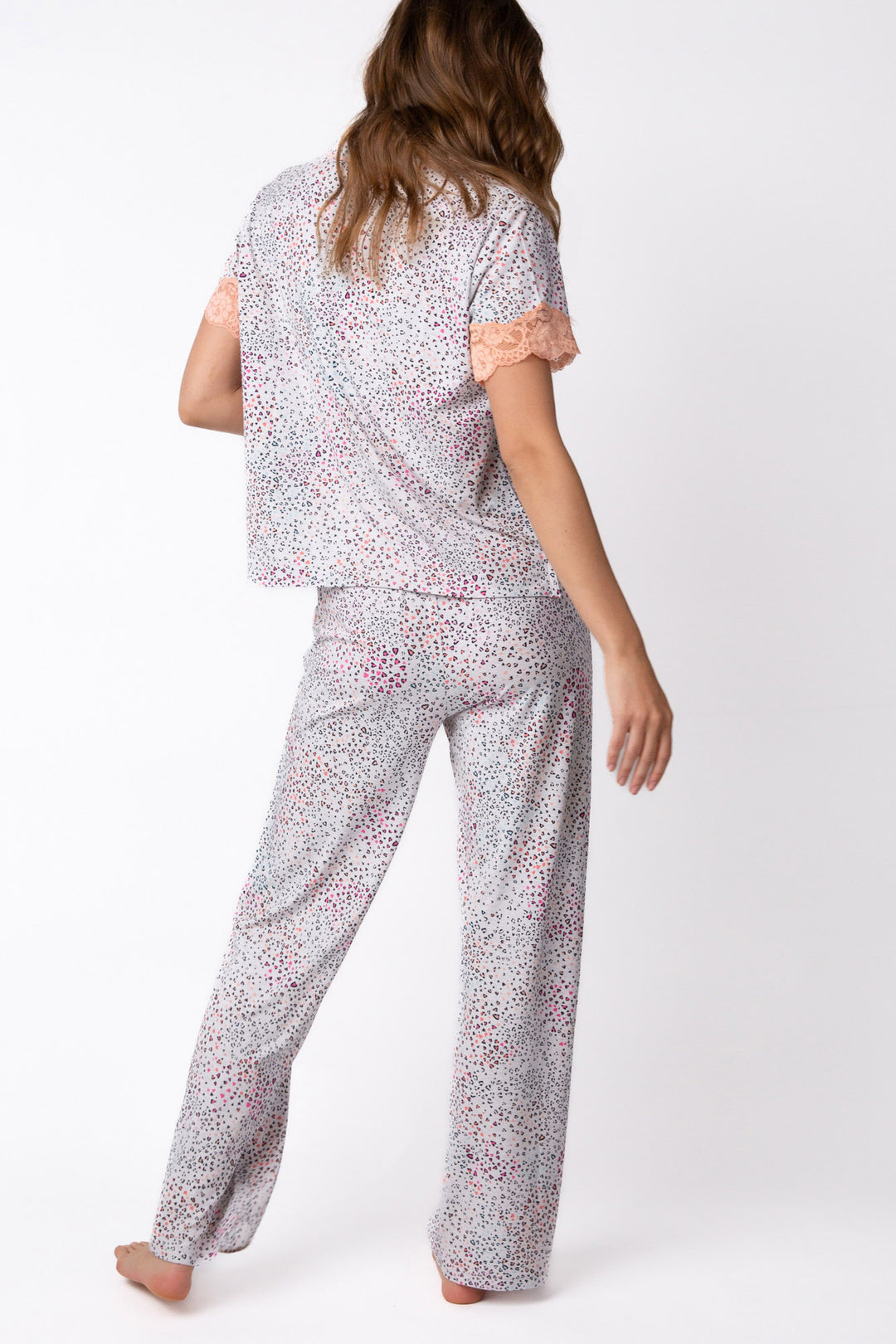 Mini heart-print ivory modal pajama set top with lace-trimmed sleeves & ties at waist.