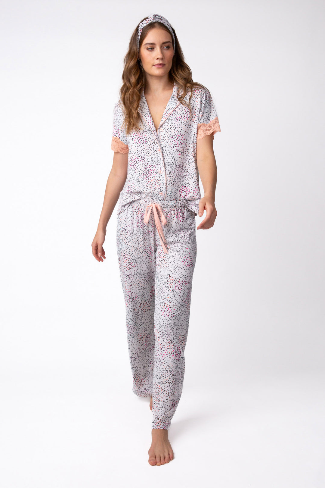 Mini heart-print ivory modal pajama set top with lace-trimmed sleeves & ties at waist.