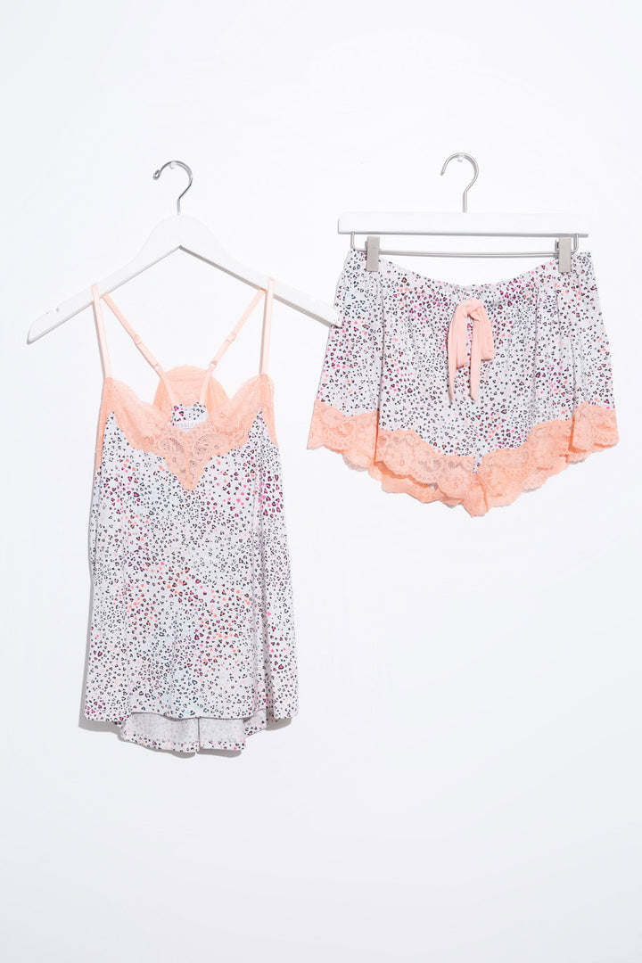 Mini heart-print ivory modal sleep set with camisole top & pj short with lace-trim details.
