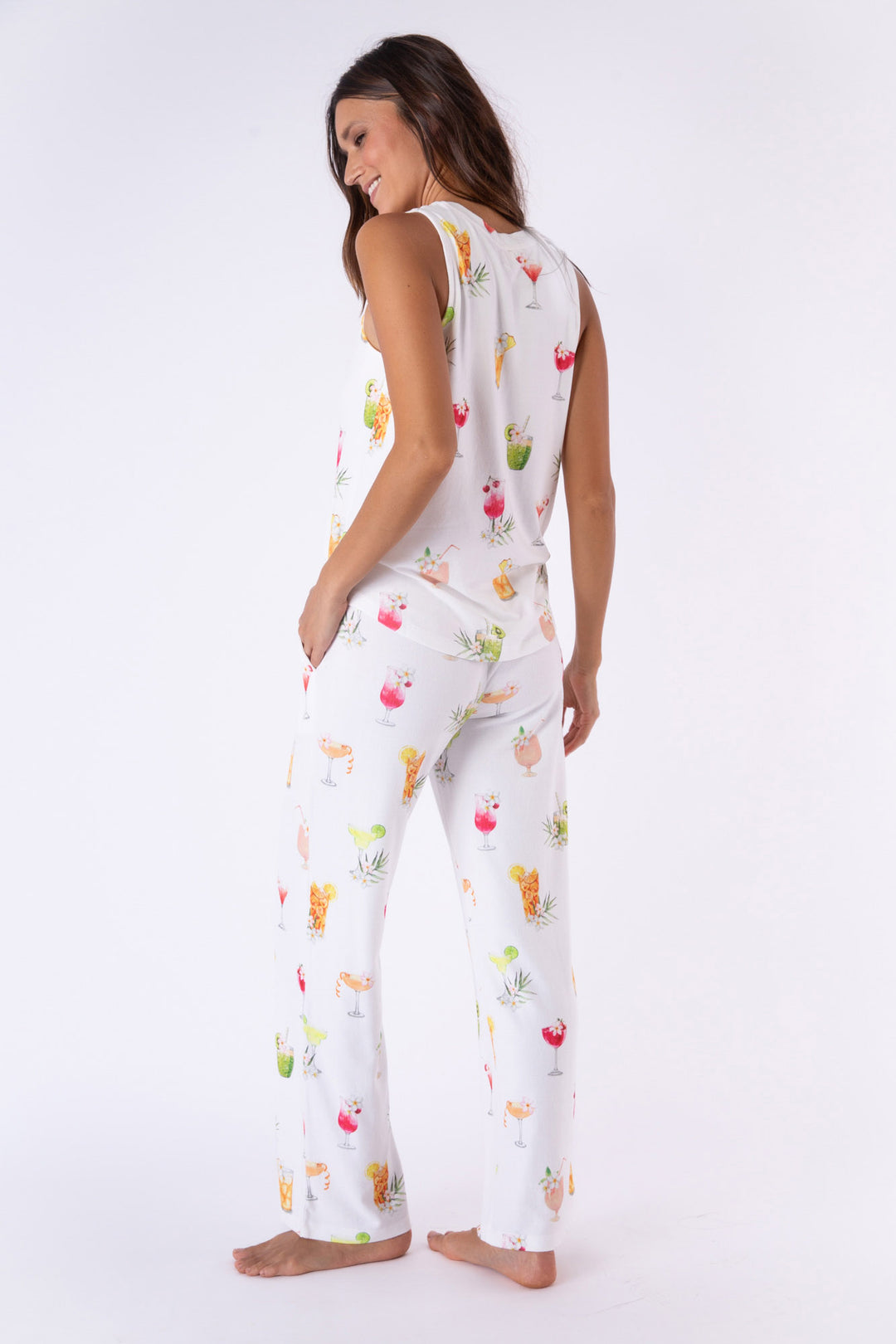 Lounge pant with printed tropical cocktails on ivory peachy. Straight pant with side pockets.