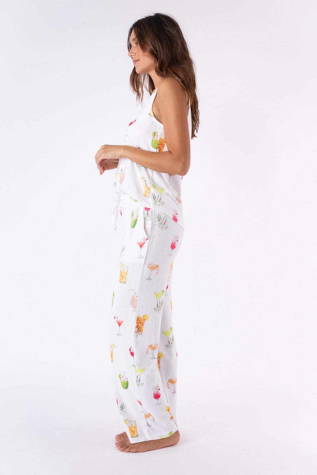 Lounge pant with printed tropical cocktails on ivory peachy. Straight pant with side pockets.