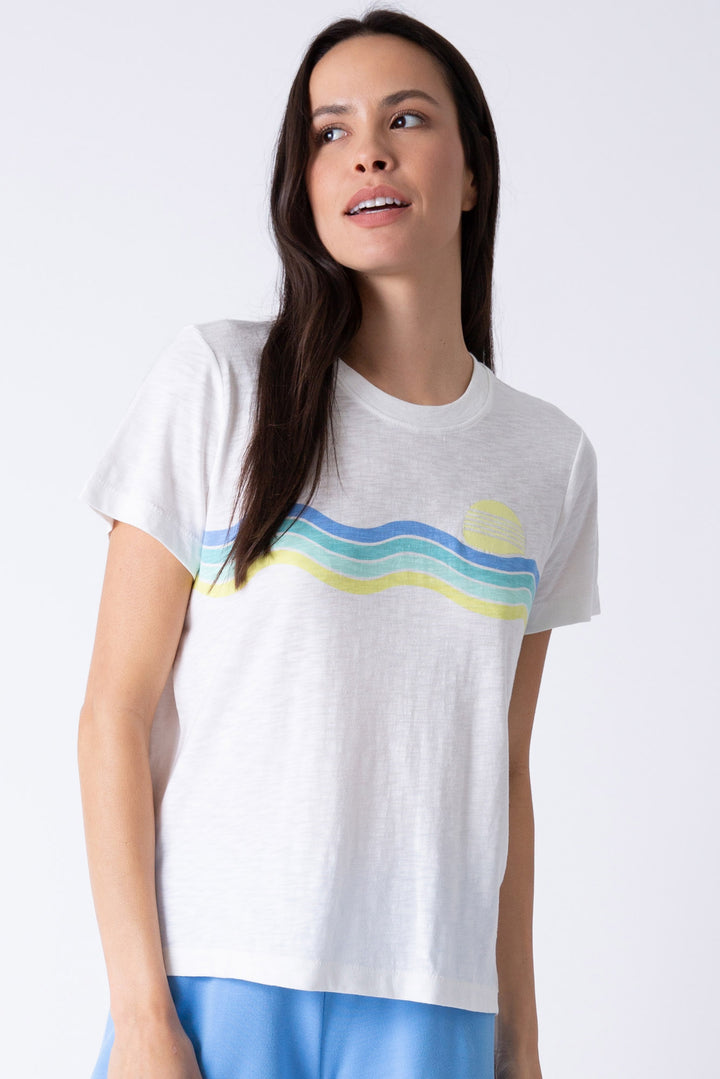 Women's ivory t-shirt with ocean & sun embroidered & print graphic on chest.