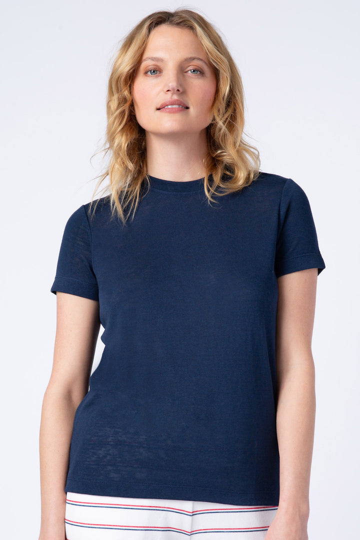 Women's navy cotton-blend t-shirt in slub jersey with relaxed fit.