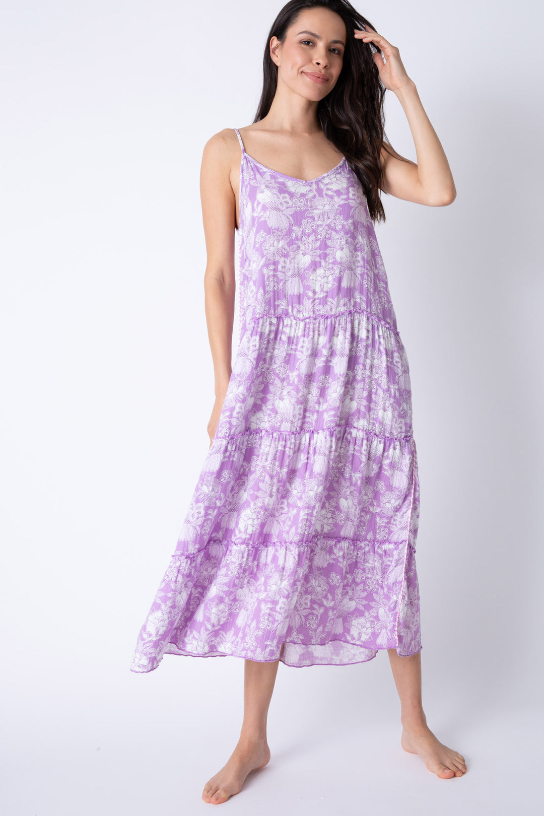 Cotton gauze women's dress in pale purple print. Straps adjust.