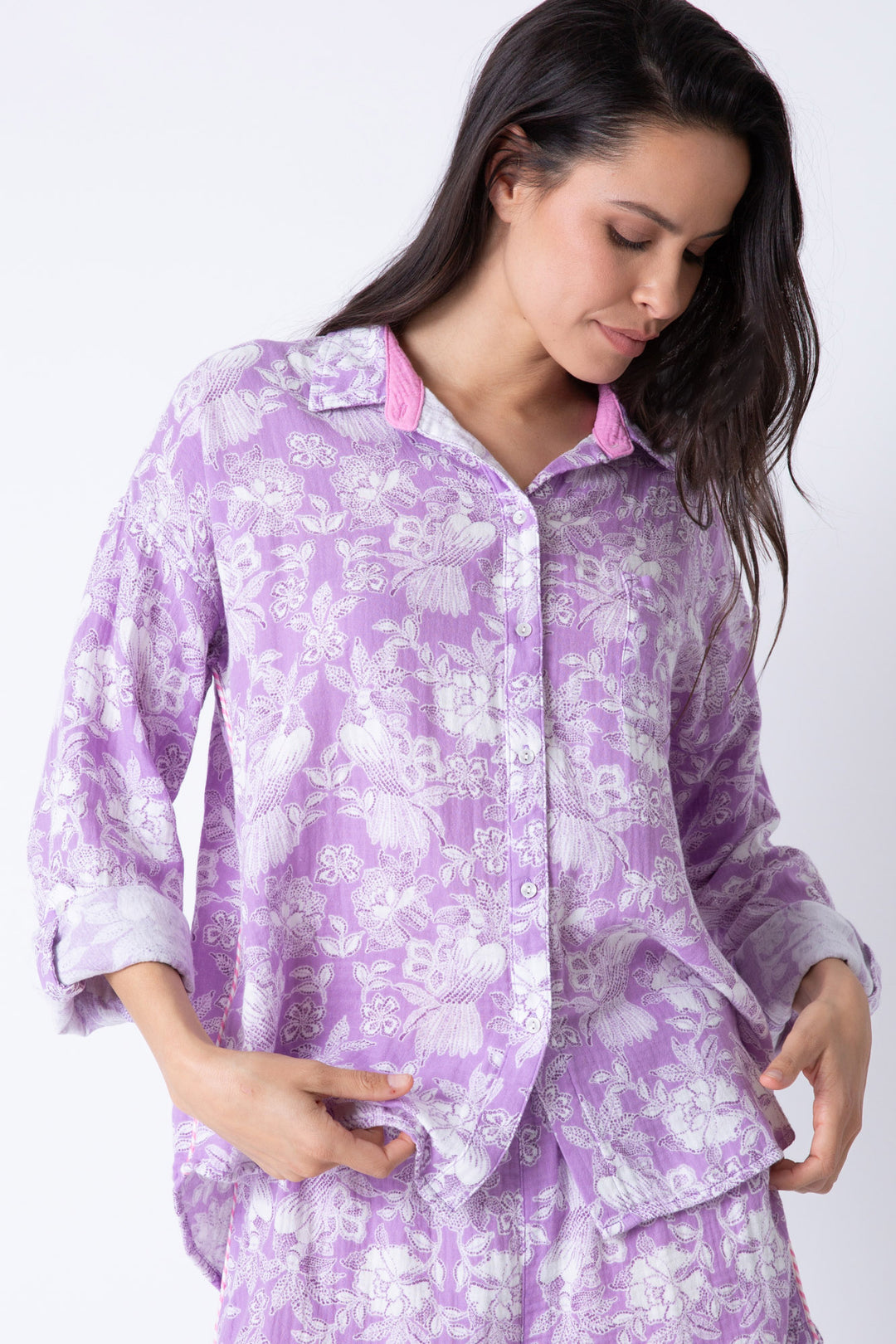 Cotton gauze women's button-down collared shirt in pale purple floral.