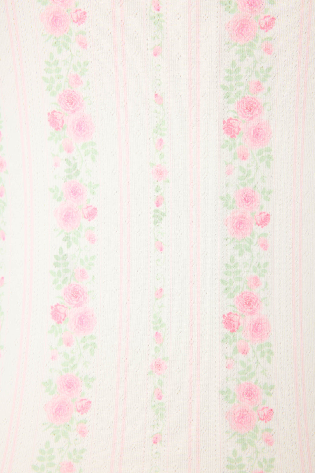 Inspired by the Roses Are Pink Petal Dream Pointelle PJ Set from P.J. Salvage, this wallpaper features vertical stripes with pink roses, green leaves, and thin pink lines on a white background for a charming floral look.