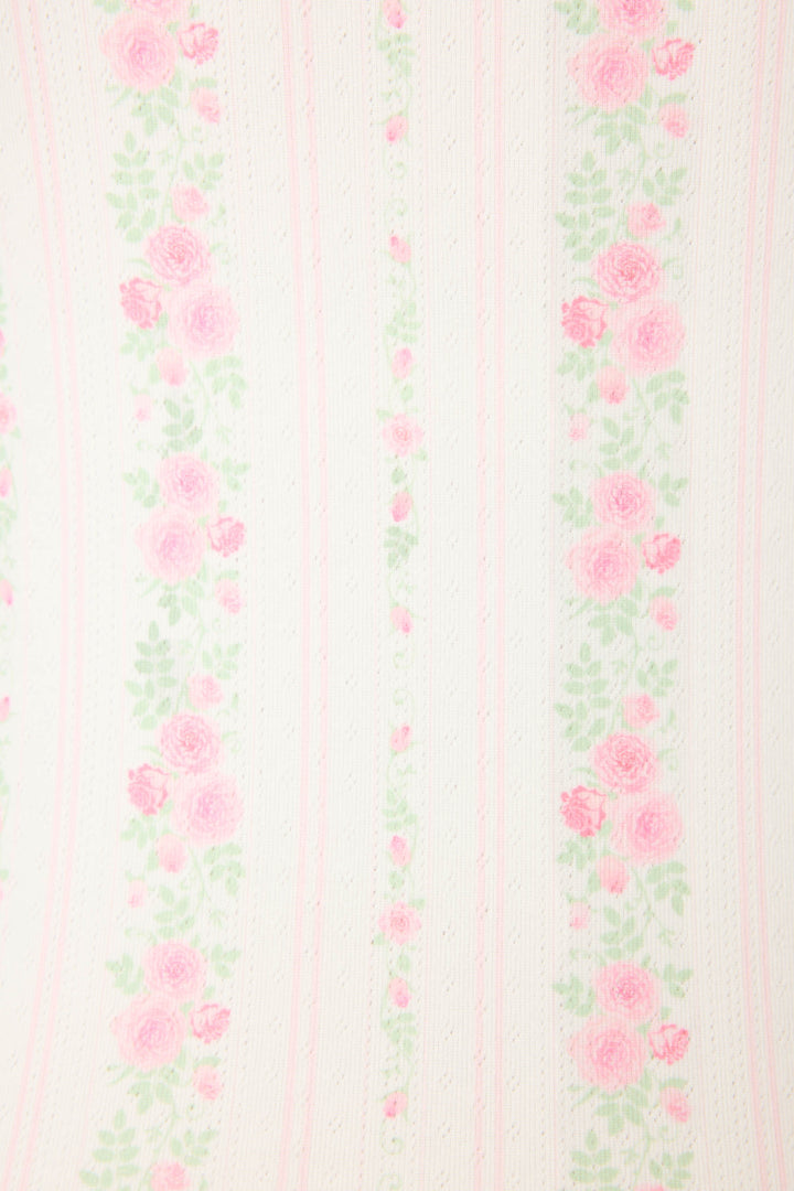 Inspired by the Roses Are Pink Petal Dream Pointelle PJ Set from P.J. Salvage, this wallpaper features vertical stripes with pink roses, green leaves, and thin pink lines on a white background for a charming floral look.