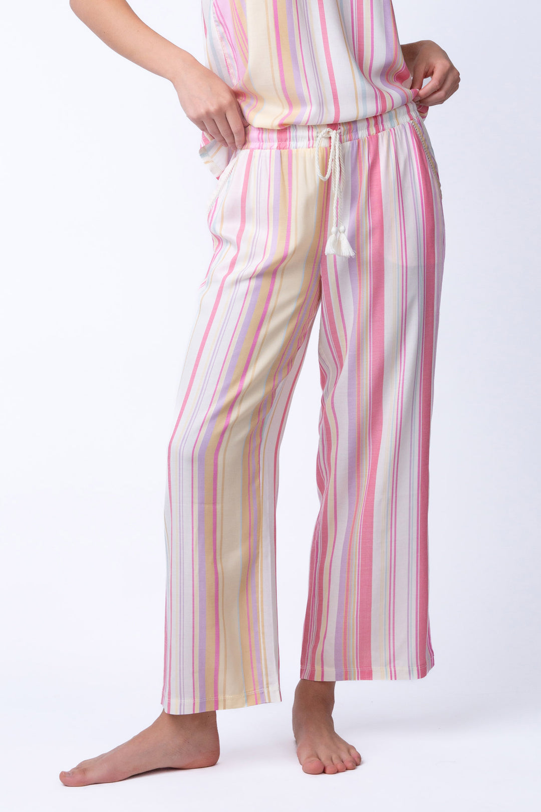 Women's striped lounge pant in pink-peach-natural. Cropped pant & tie waist.