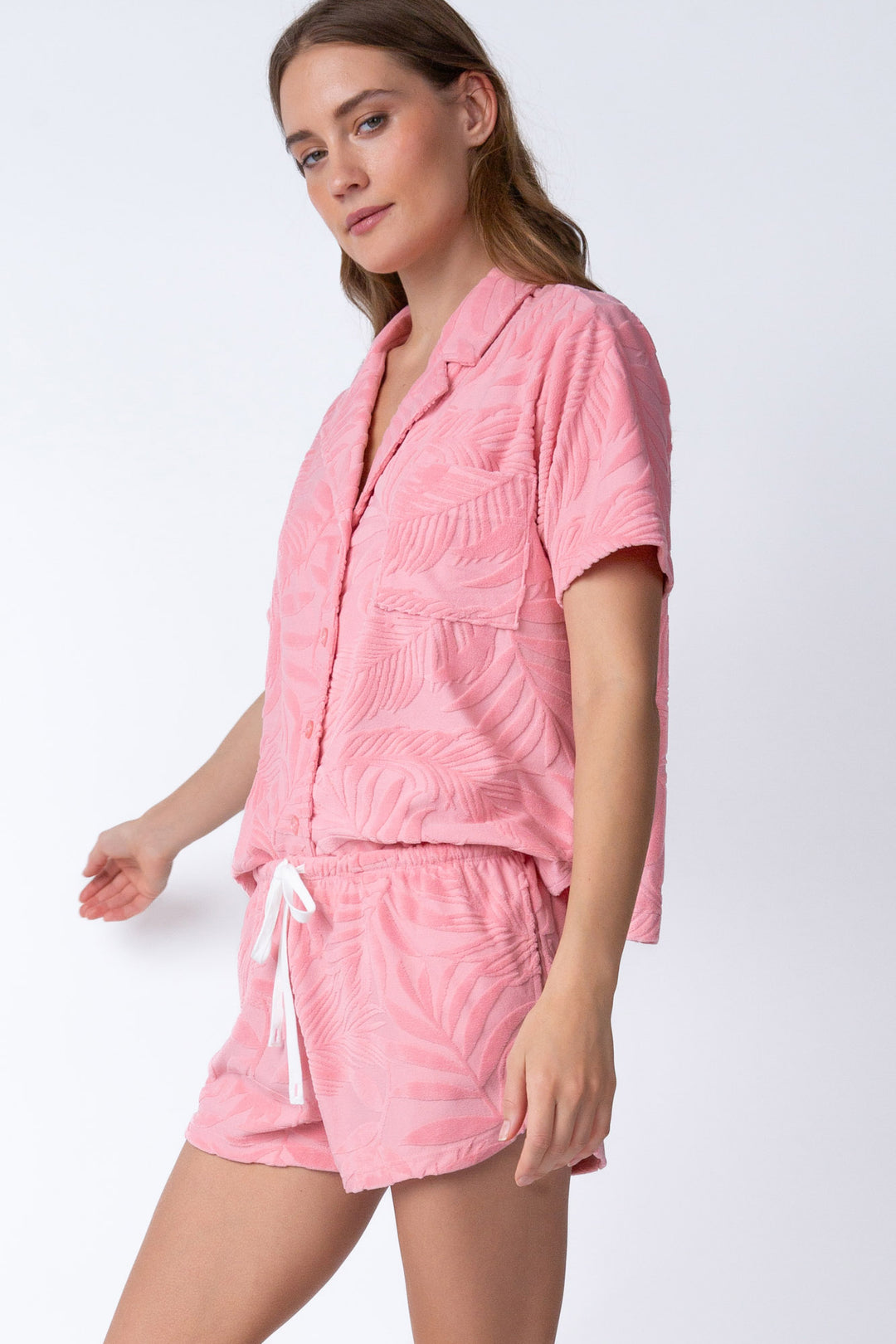 Women's lounge set - matching button-top & short in matching pink jacquard terry knit.