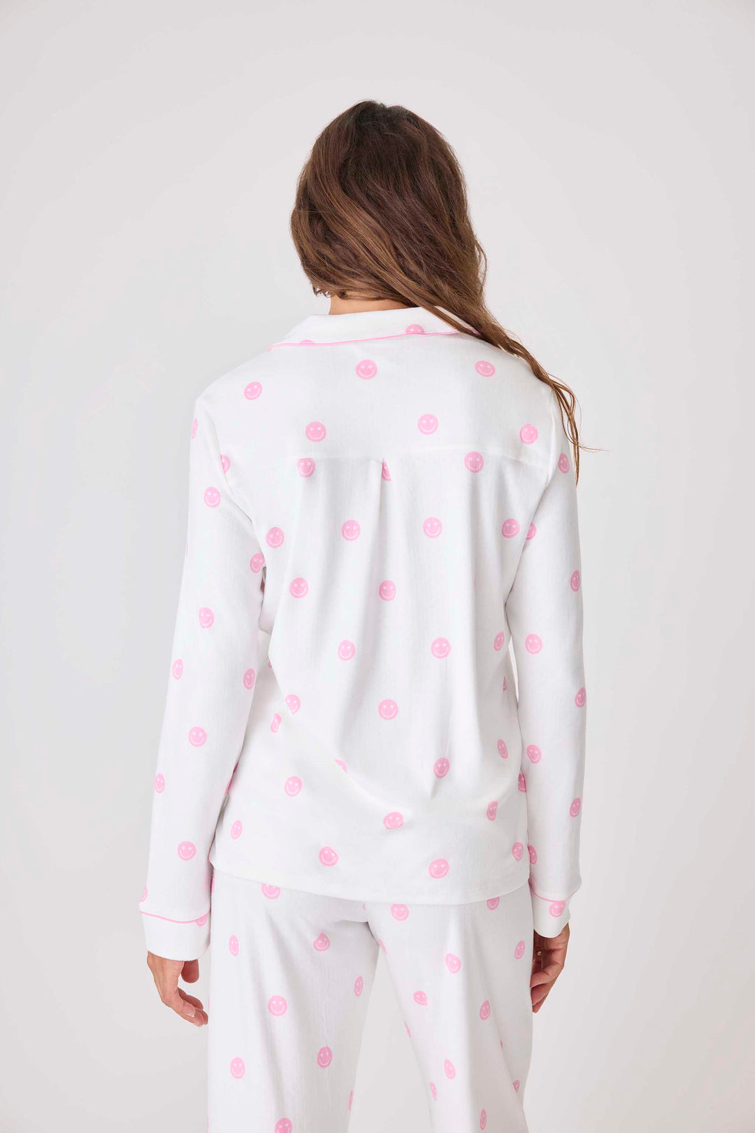 Women's ivory pajama top with pink happy face pattern. Exclusive PJS x Susan G Komen style.