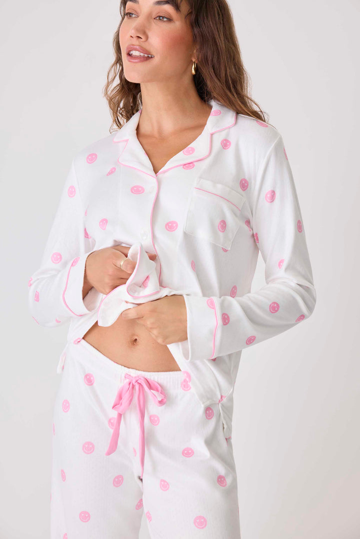 Women's ivory pajama top with pink happy face pattern. Exclusive PJS x Susan G Komen style.