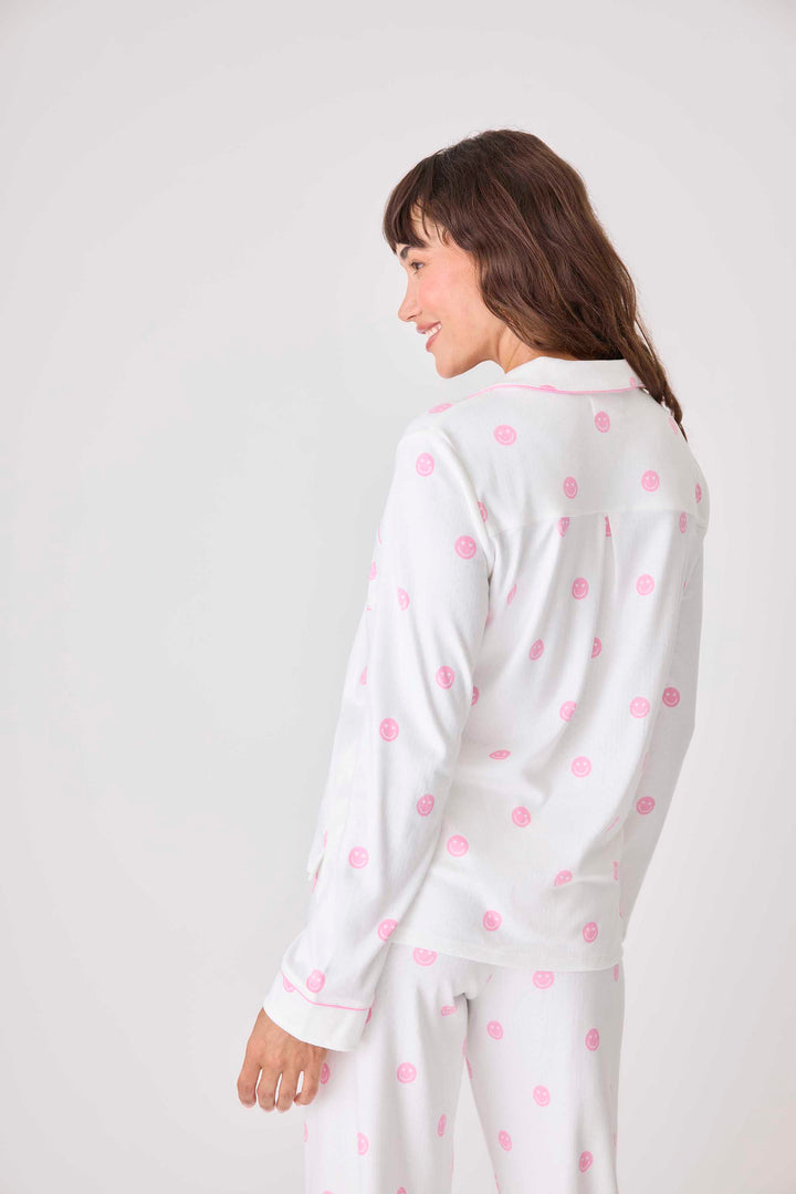 Women's ivory pajama top with pink happy face pattern. Exclusive PJS x Susan G Komen style.