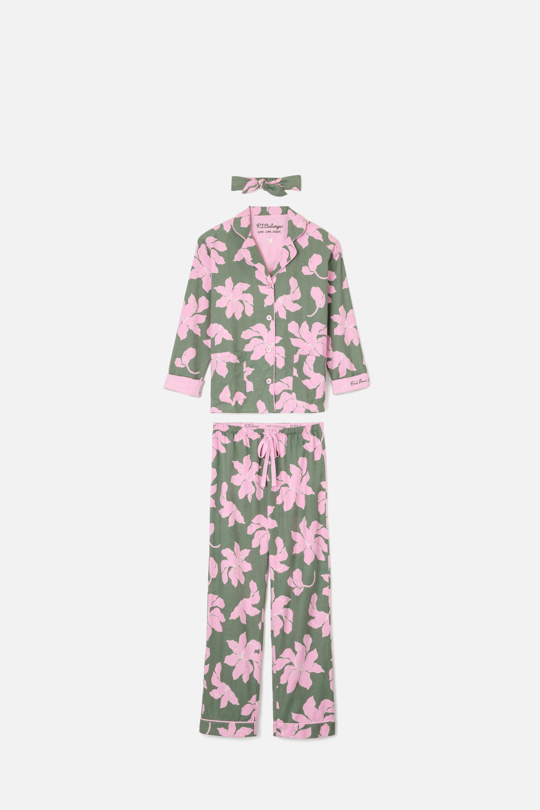Women's cotton flannel pajama set in green & pink poinsettia print. Button-front collared top & tie-waist pant. Embroidered sleeve cuff "Find Peace Within". Includes matching hair wrap.