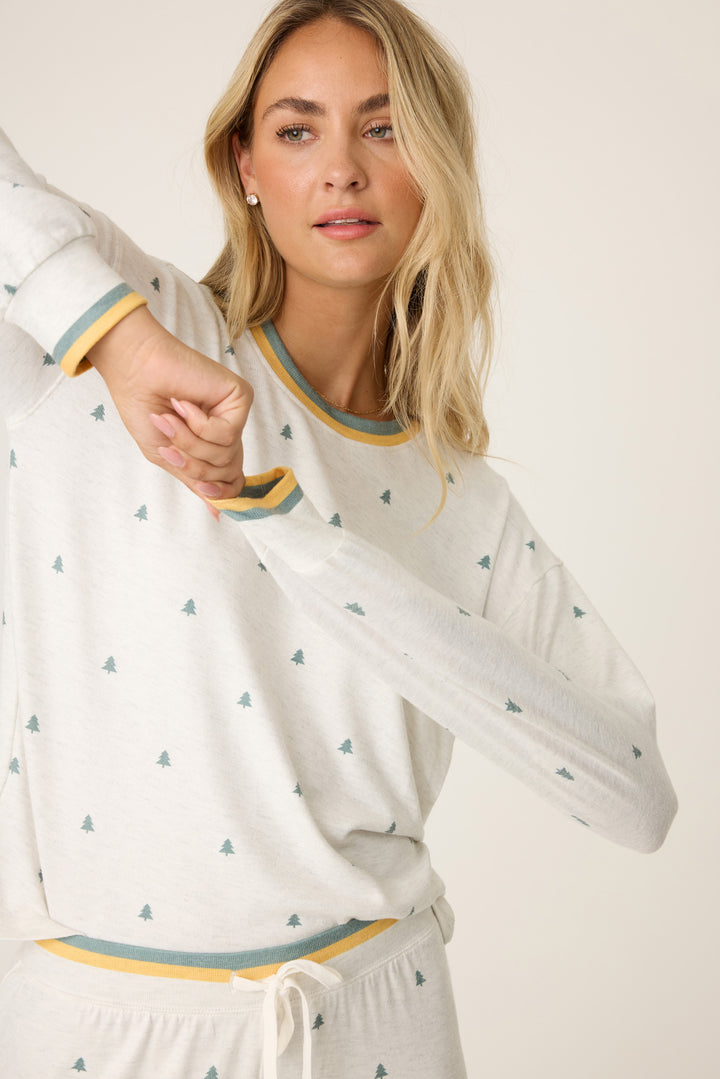 Women's long sleeve heather grey lounge top with mini tree print. Striped sleeve cuffs & open hem