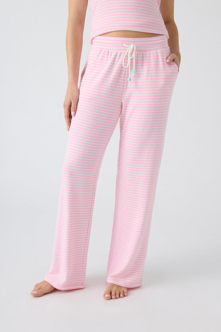 Women's straight leg pajama pant in pink-ivory mini stripe, with contrast tipped drawcord.