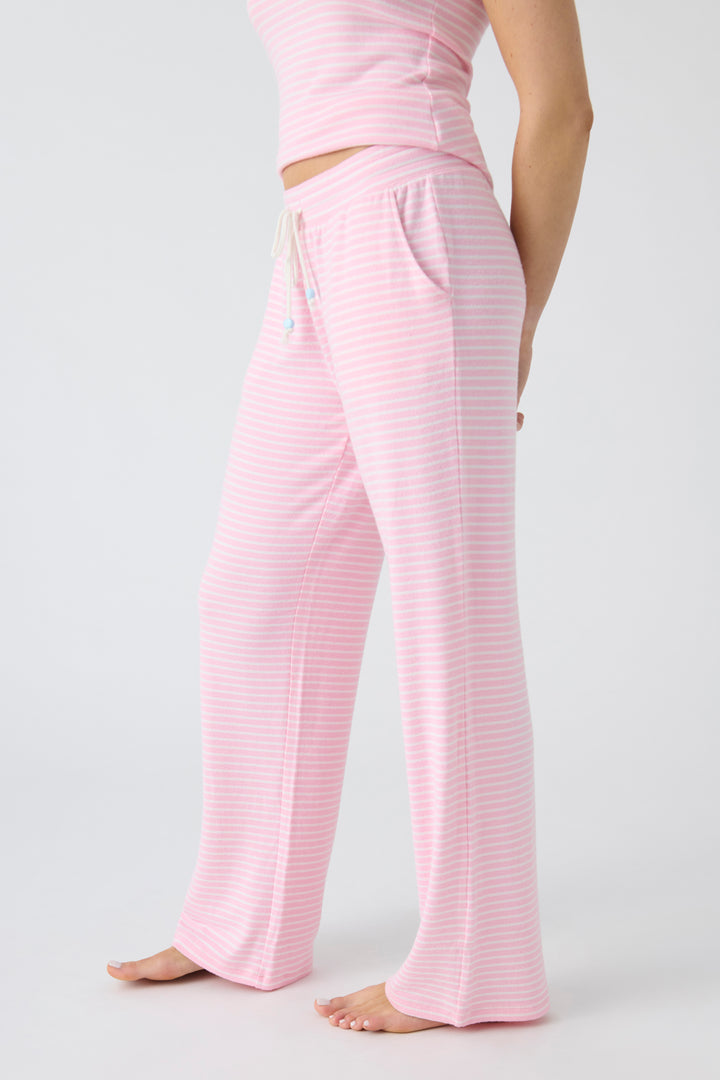 Women's straight leg pajama pant in pink-ivory mini stripe, with contrast tipped drawcord.