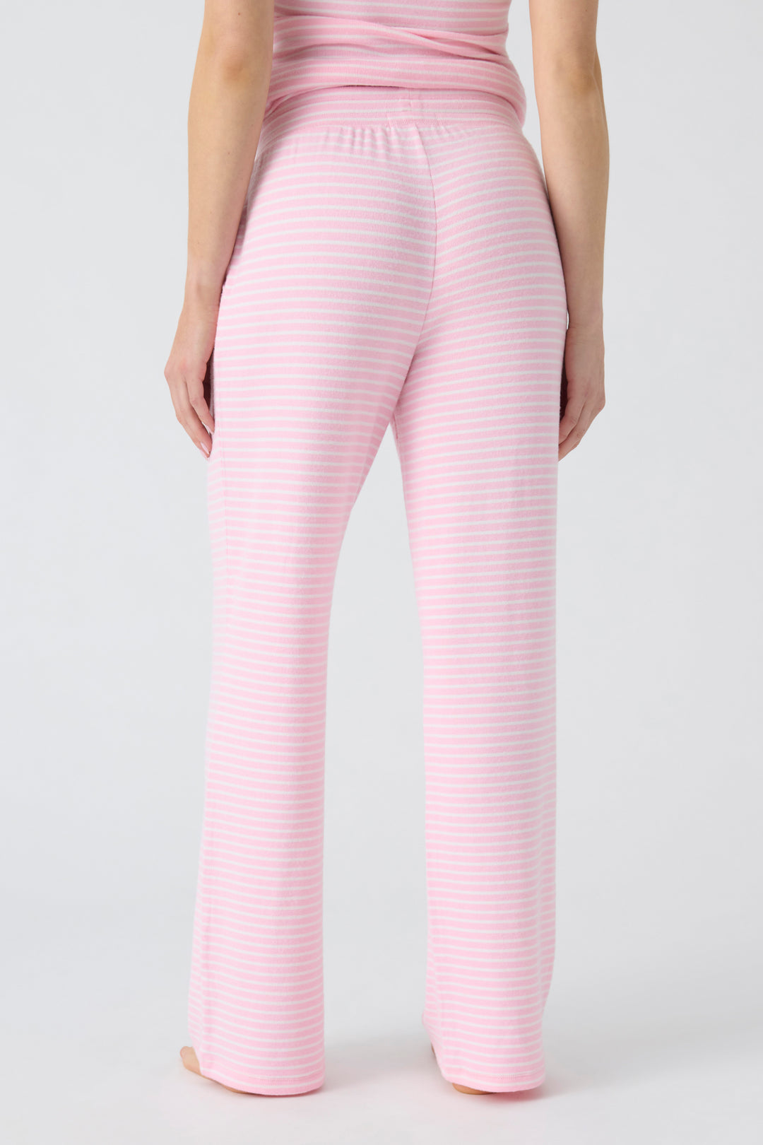 Women's straight leg pajama pant in pink-ivory mini stripe, with contrast tipped drawcord.