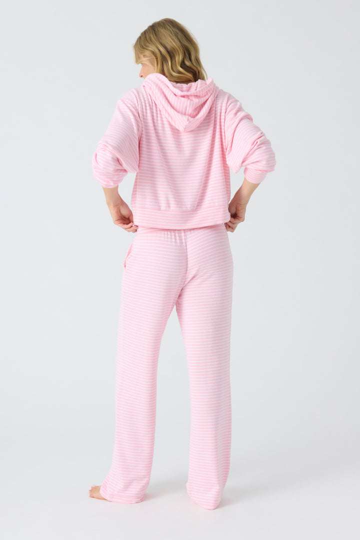 Women's straight leg pajama pant in pink-ivory mini stripe, with contrast tipped drawcord.