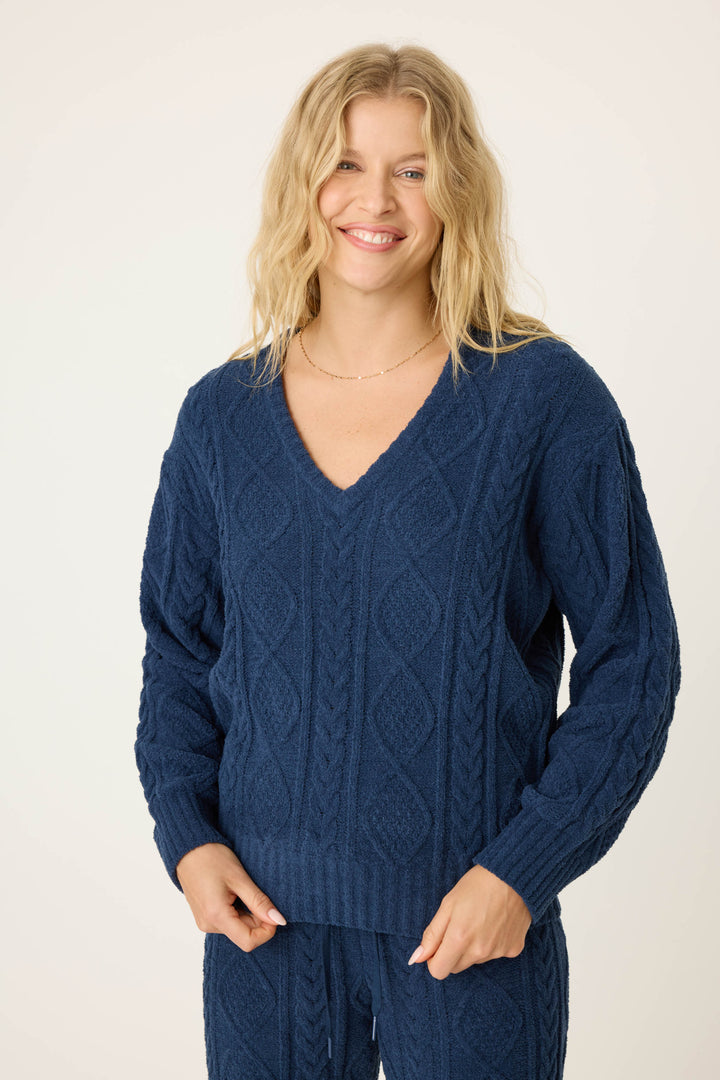 Chenille Cable Knit V-Neck Sweater - Sweaters - P.J. Salvage