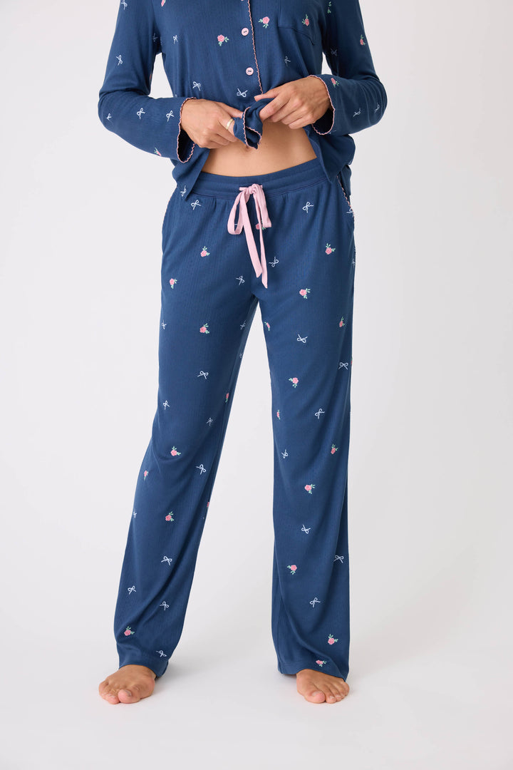 Navy blue with floral pj pant for women. Open leg pant w/side pockets & picot edging.