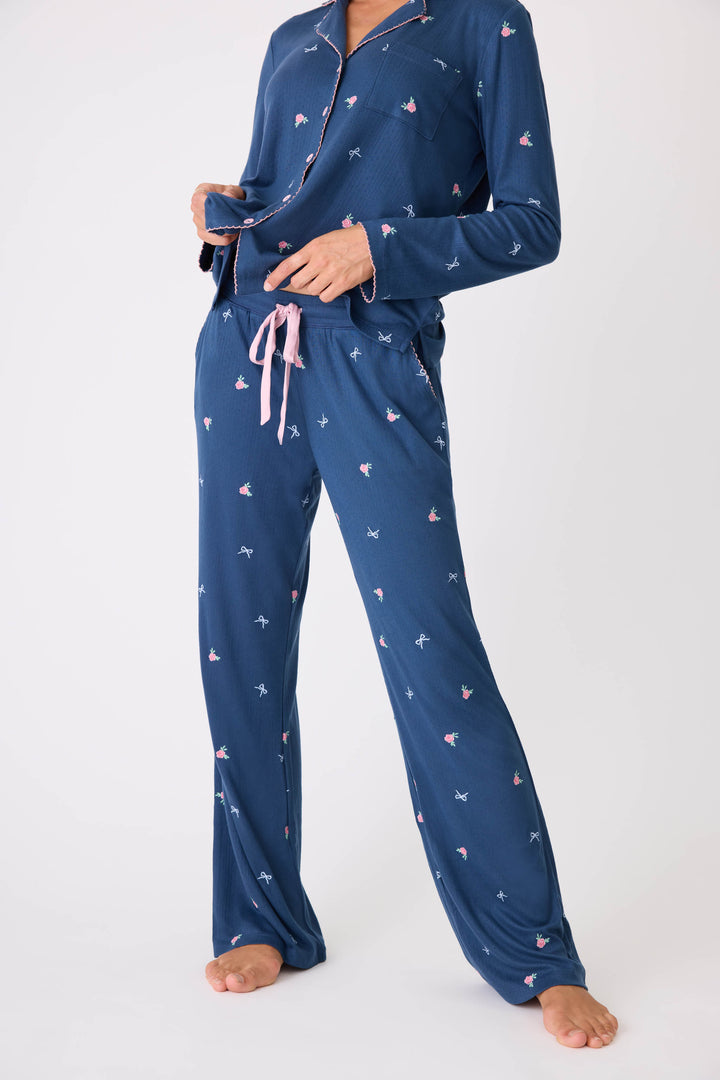 Navy blue with floral pj pant for women. Open leg pant w/side pockets & picot edging.