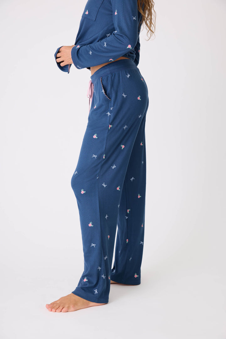 Navy blue with floral pj pant for women. Open leg pant w/side pockets & picot edging.