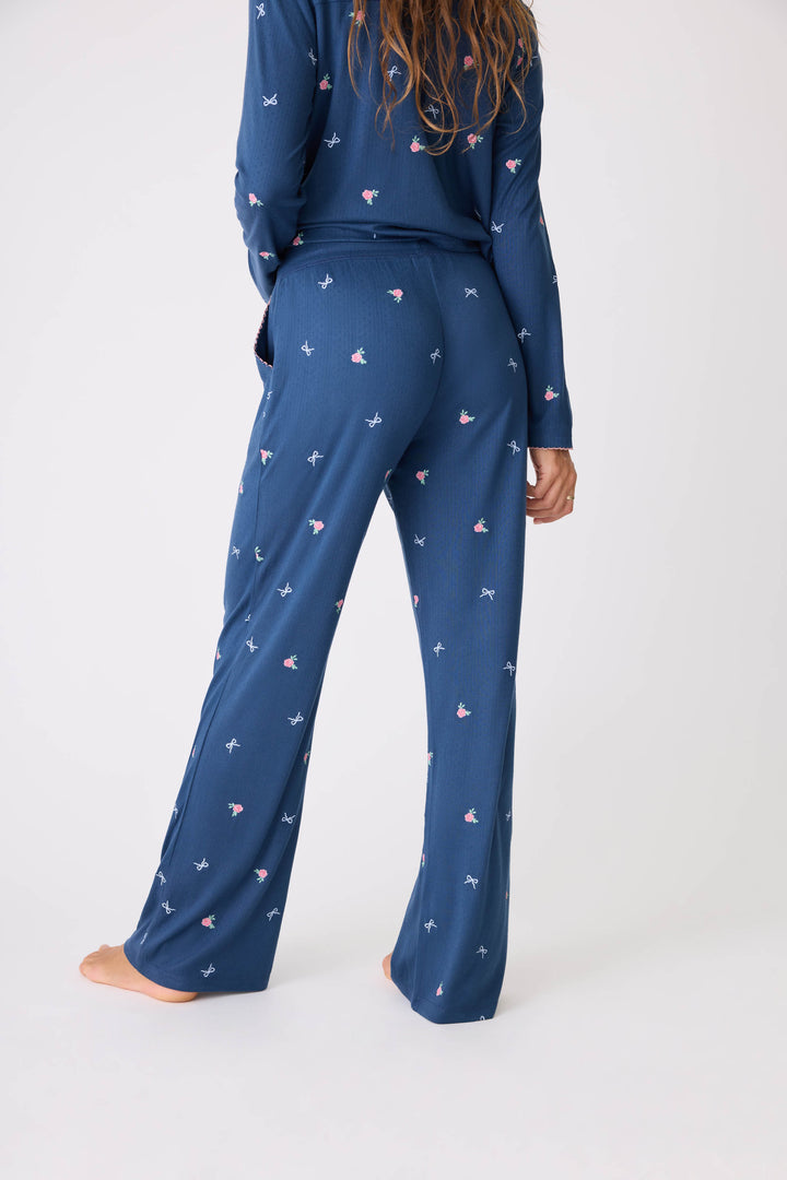 Navy blue with floral pj pant for women. Open leg pant w/side pockets & picot edging.
